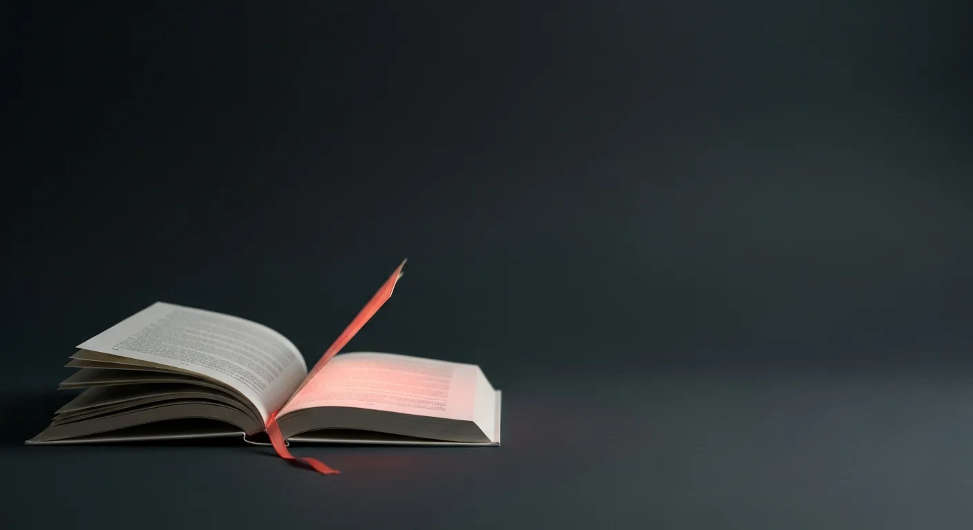 QuitScrolling Learn An open book softly lit by a warm coral glow on a calm dark surface, representing QuitScrolling's nighttime reading guides.