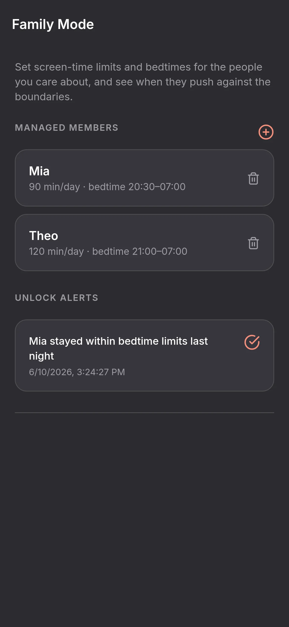 QuitScrolling Household Plus screen showing protected hours and profiles
