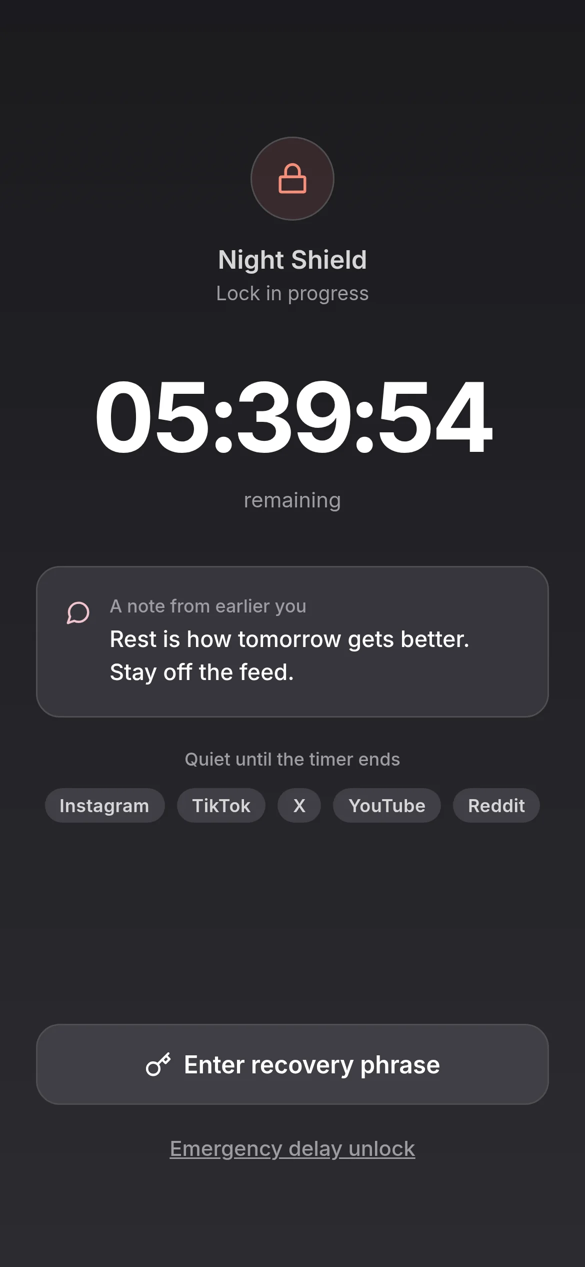 QuitScrolling lock screen with countdown, blocked apps, and recovery-phrase unlock QuitScrolling lock screen with countdown, blocked apps, and recovery-phrase unlock